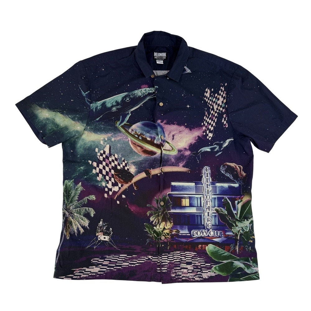 Billionaire Boys Club Shirt Mens XL Blue Orion Hotel Camp Shirt AOP Short Sleeve